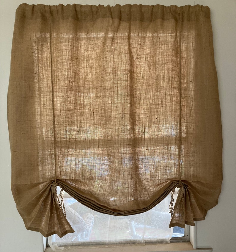 Burlap Window Shade, 'The Key West' with fringed jute ties, 3 widths, 42L,for single windows by Jackie Dix image 2