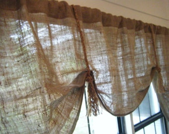 Burlap Window Valance, 'The Hemingway' with fringed jute ties, 5 widths to choose from X 25 L, by Jackie Dix