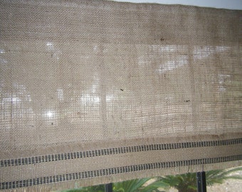 Burlap Window Valance with Fringed Jute Band,  42"- 84" Wide  X 12"-16"Long, 'The Sebring' by Jackie Dix