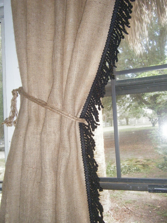Burlap Curtain With Bullion Fringe And Jute Tieback The Etsy