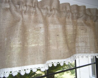 Burlap Window Valance, Many widths from 36"- 96" Wide X 14"Long, 'The Palmetto with Pom Fringe' by Jackie Dix