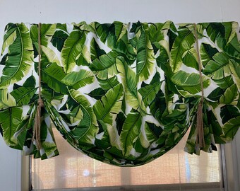 Palm Leaf Window Valance, 42"W or75"W X 24L, 'The Palm Leaf Hemingway' with Fringed Jute Ties by Jackie Dix