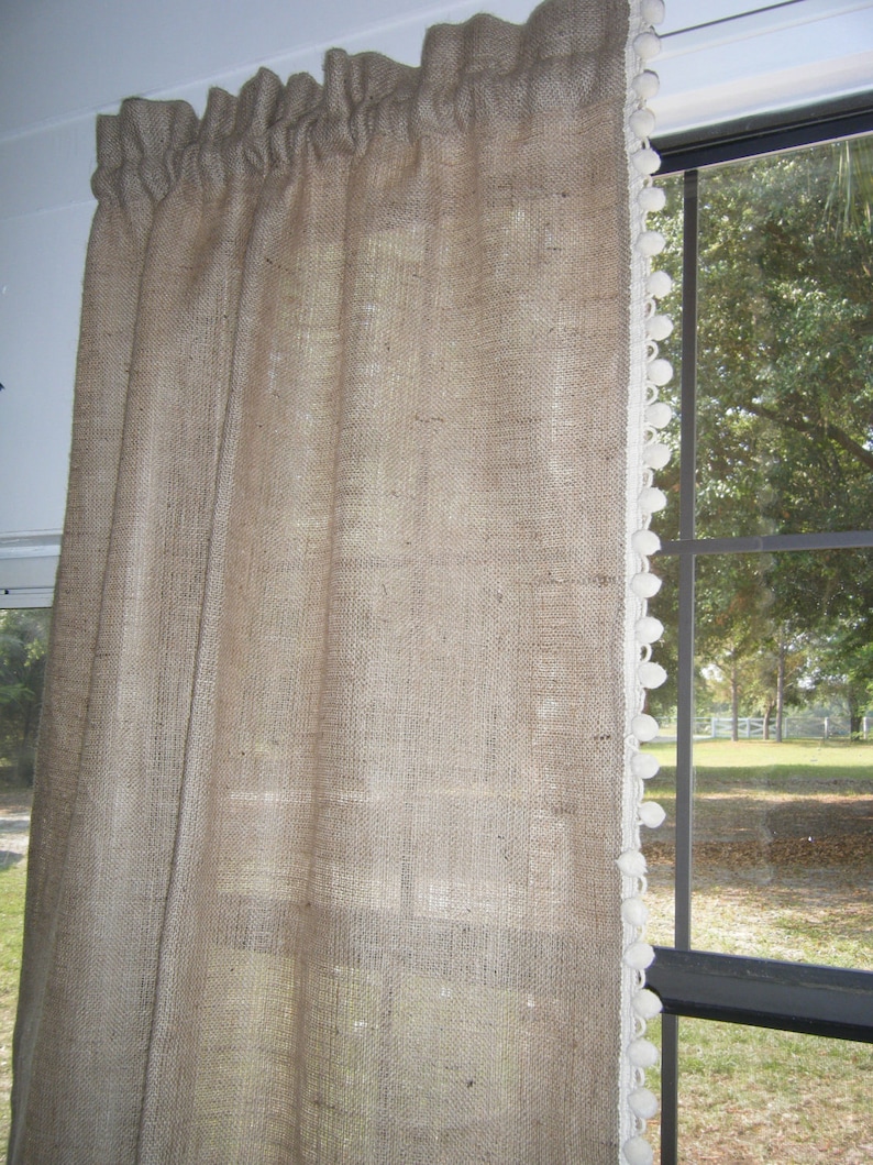 Burlap Curtain with Pom Fringe 56 wide x 36-96 long by Jackie Dix
