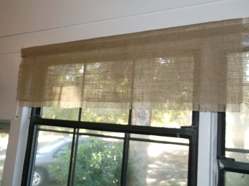Burlap Valance Fringed on 3 Sides /'The Tiki Hut/' by Jackie Dix 42-108 W X 12L