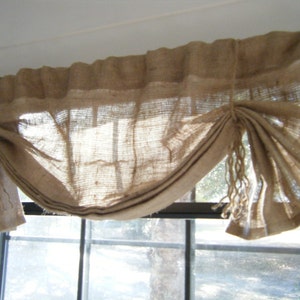 Burlap Valance, 'The LIL HEMINGWAY in BURLAP' with Fringed Jute Rope Ties, Many widths available , by Jackie Dix