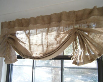 Burlap Valance, 'The LIL HEMINGWAY in BURLAP' with Fringed Jute Rope Ties, Many widths available , by Jackie Dix