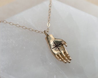 Hand Necklace – Polaris Star, Sterling Silver or Bronze