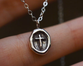 Wax Seal Cross Necklace - Sterling Silver Christian Pendant