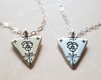 Pansy Necklace, Sterling Silver or Bronze Flower Pendant