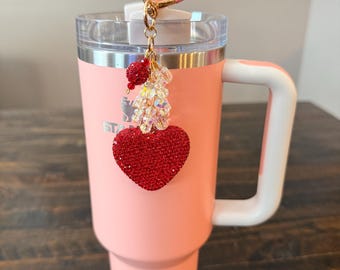 Rhinestone Heart Tumbler SparkleClip - Stanley Cup accessories - Sparkly Bag Charm - Cute gift for her - Red Heart keychain