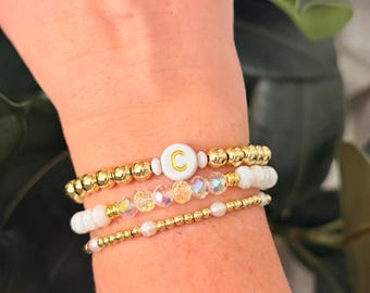 Personalized Gold & White Initial Bracelet Sparkle Stack – Dainty Beaded Stretch Bracelets
