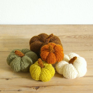 May include: A collection of five knitted pumpkins in various colors: brown, orange, green, yellow, and white. Each pumpkin has a brown stem. The pumpkins are arranged on a light brown wooden surface.