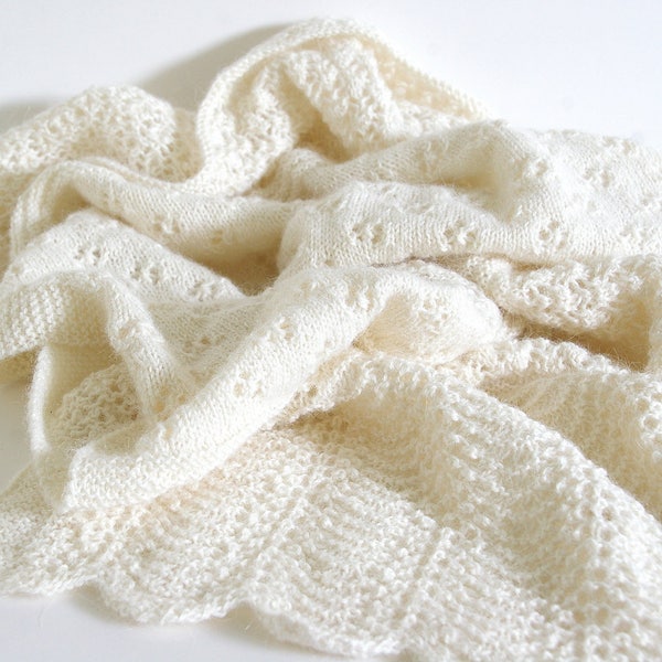 Knitted baby blanket alpaca white soft, Lace Handknit, Baby shower gift, Photo prop, Heirloom wrap, Afghan car seat, newborn blankie