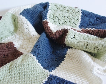 Handknit cotton baby blanket in patches of color, Baby boy wrap, baby shower gift, newborn pram car seat, handmade blue brown mint green