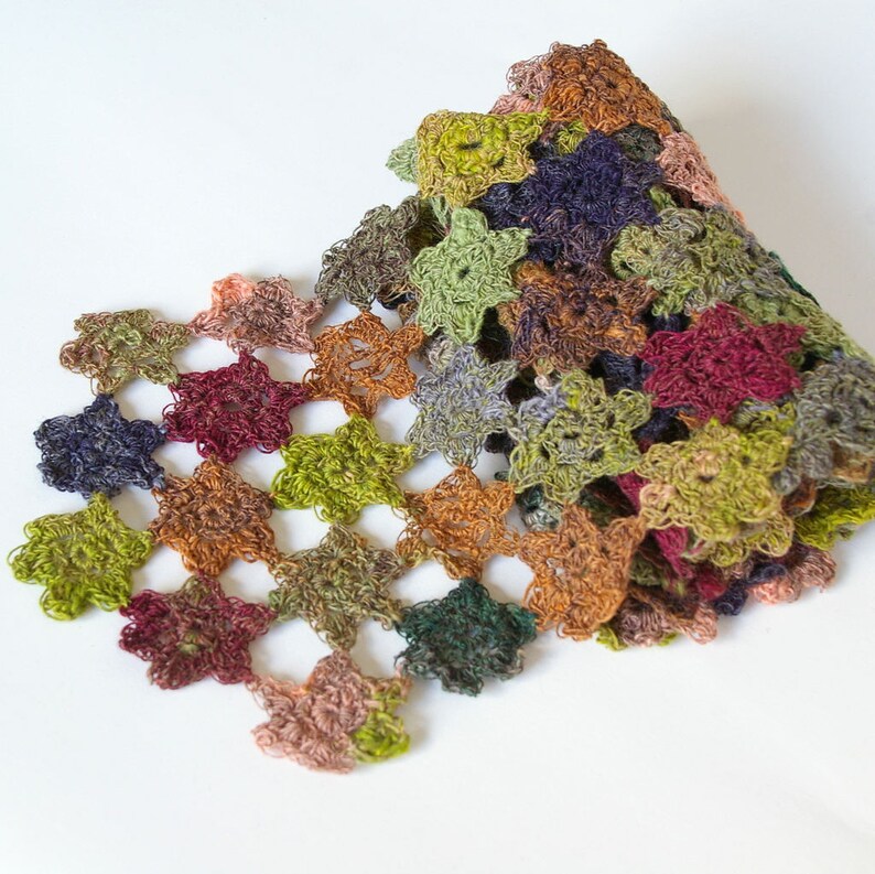 Crochet flowers scarf multi colors.Handmade.crochet scarf.women accessory.Noro scarf.Green burgundy teal burnt sienna grey.Gift for women image 3