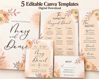 Op de afbeelding: Een set van vijf bewerkbare trouwkaartsjablonen met bloemenillustraties in perzik- en crèmetinten. De collectie bevat een welkomstbord, tafelindeling, menu, save-the-date kaart en RSVP-kaart, allemaal voorzien van zwarte tekst en boogontwerpen.