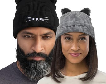 Cute Cat ear Embroidered Beanie cap Funny Fur Art Cap kitten mom dad gifts for her