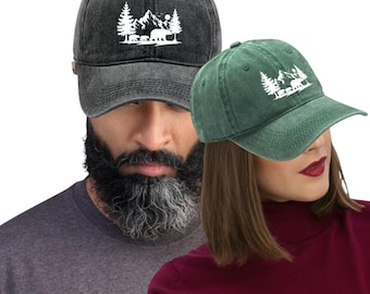 Gorra de béisbol vintage con estampado de oso y bosque, naturaleza, aventura, aire libre, senderismo, montaña, vida silvestre, animal.