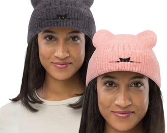 Black Cat Ear Embroidered Beanie cap Funny Fur Art Cap kitten mom dad gifts for her