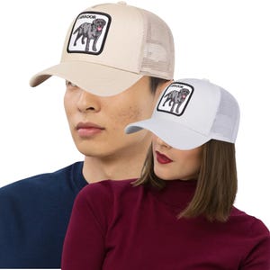 May include: Two baseball caps, one tan and one white, each featuring a Labrador graphic patch. The tan cap has a mesh back and the word "LABRADOR" above the dog illustration. The white cap also has a mesh back.