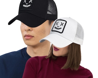 Smiley Face emoji Hat Embroidered patch Trucker cap Sad Happy Face Smiling mesh cap