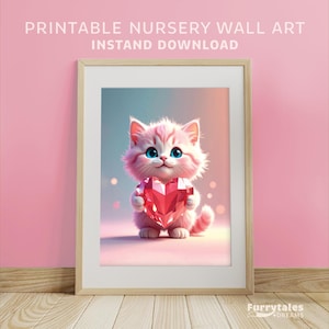 Arte de pared imprimible para habitación de niña / Descarga instantánea de gatito Ruby Heart / Decoración para habitación de niña