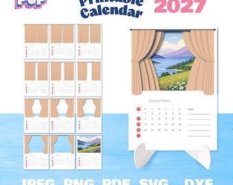 May include: A 2027 printable calendar set by Flogi Pop featuring twelve monthly pages with beige curtain illustrations and landscape scenes. The calendar includes JPEG, PNG, PDF, SVG, and DXF file formats for digital printing and cutting machines.