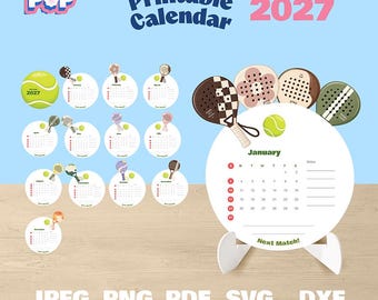 May include: A 2027 printable calendar set featuring circular pages with padel racket and tennis ball illustrations. The design includes a large display calendar on a white stand, with smaller monthly circular sheets, labeled with file formats JPEG, PNG, PDF, SVG, and DXF.