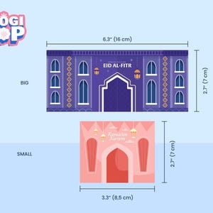 May include: Two decorative Eid Mubarak designs. The larger design is 6.3 inches (16 cm) wide and features a purple mosque facade with the text "EID AL-FITR". The smaller design is 3.3 inches (8.5 cm) wide and has the text "Ramadan Kareem". Both are 2.7 inches (7 cm) tall.