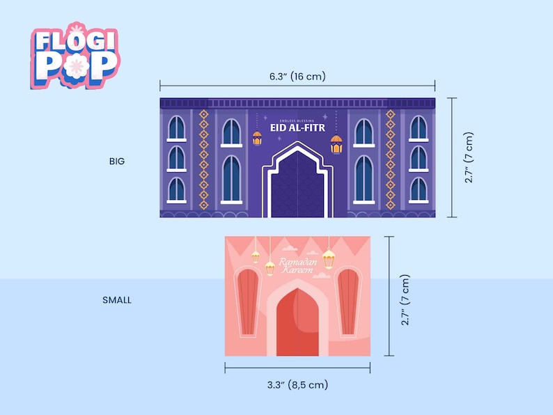 May include: Two decorative Eid Mubarak designs. The larger design is 6.3 inches (16 cm) wide and features a purple mosque facade with the text "EID AL-FITR". The smaller design is 3.3 inches (8.5 cm) wide and has the text "Ramadan Kareem". Both are 2.7 inches (7 cm) tall.