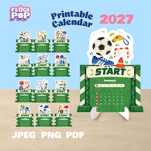 Könnte beinhalten: Ein druckbares Kalender-Set für 2027 von Flogi Pop mit zwölf Monatsseiten zum Thema Sport. Jede Seite zeigt eine grüne Starttor-Struktur mit einem Kalendergitter. Die Januar-Seite zeigt einen Fußball, einen Schuh, eine Pfeife und ein Tornetz.