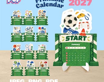 May include: A 2027 printable calendar set by Flogi Pop featuring twelve monthly pages with sports themes. Each page displays a green start gate structure with a calendar grid. The January page shows a soccer ball, shoe, whistle, and goal net.