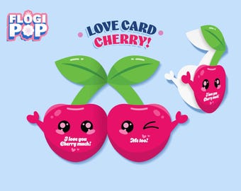 May include: A cheerful illustration featuring cartoon cherries with faces and arms. The text "LOVE CARD CHERRY!" is displayed above the cherries. One cherry says "I love you Cherry much!" and the other says "Me too!"