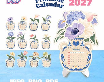May include: A 2027 printable calendar set featuring twelve individual monthly cards. Each card displays a unique flower arrangement in a blue and white decorative vase. The text includes the brand name Flogi Pop and the year 2027.