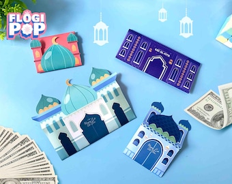 4 afdrukbare Eid Money-enveloppen, Eidi-enveloppen voor kinderen, moskee Eid Money-houder, afdrukbare kaarten, Eid Mubarak-cadeauhouder, svg dxf png pdf