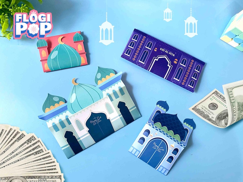 May include: An assortment of colorful Eid al-Fitr money envelopes featuring mosque designs. The envelopes are in shades of blue, pink, and purple, with intricate architectural details. Some envelopes have the text "Eid al-Fitr".