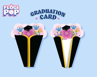 May include: Two graduation card designs with black gowns and floral bouquets. Each card features a mortarboard, pink and purple flowers, and blue and orange accents. The words "Graduation Card" are arched above the cards on a light blue background.