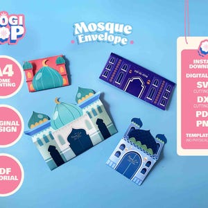 4 Printable Eid Money Envelopes, Eidi Envelopes for Kids, Mosque Eid Money Holder, Printable Cards, Eid Mubarak Gift Holder, svg dxf png pdf image 2