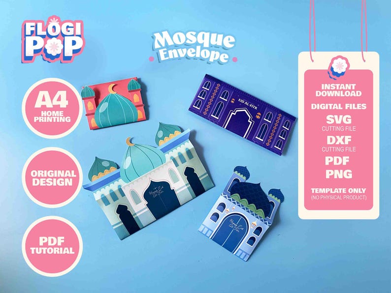 4 Printable Eid Money Envelopes, Eidi Envelopes for Kids, Mosque Eid Money Holder, Printable Cards, Eid Mubarak Gift Holder, svg dxf png pdf image 2