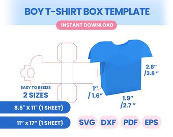 May include: A digital template for a t-shirt shaped box labeled BOY T-SHIRT BOX TEMPLATE. The graphic shows a blue 3D box model, a flat outline, and dimensions in inches. Text includes INSTANT DOWNLOAD, 2 SIZES, 8.5" x 11", 11" x 17", SVG, DXF, PDF, and EPS.
