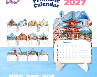 Peut inclure: Un ensemble de calendrier imprimable 2027 par Flogi Pop comprenant douze pages mensuelles avec des illustrations de monuments mondiaux dont une pagode japonaise, la Statue de la Liberté et le Taj Mahal. Chaque page inclut une grille de dates.