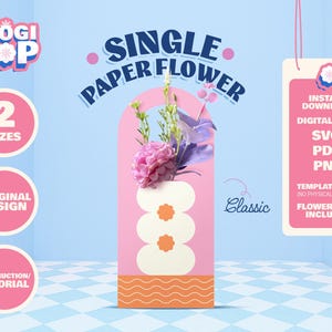 Peut inclure: Un modèle de fleur en papier rose avec le texte "SINGLE PAPER FLOWER". Le design comprend une arche rose avec un arrangement floral et le texte "Classic". Le texte supplémentaire comprend "2 TAILLES", "ORIGINAL DESIGN" et "INSTRUCTION/TUTORIAL".