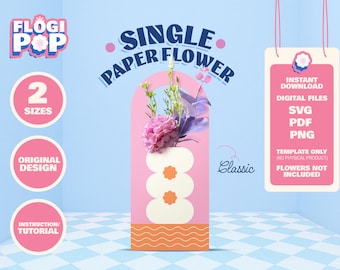 May include: A pink paper flower template with the text "SINGLE PAPER FLOWER". The design includes a pink arch with a flower arrangement, and the text "Classic". Additional text includes "2 SIZES", "ORIGINAL DESIGN", and "INSTRUCTION/TUTORIAL".