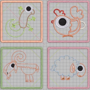 May include: Four embroidered squares with cartoon animal designs. A green and brown lizard, a red and orange chicken, an orange goat, and a blue and orange sheep are shown. Each animal is outlined in thread and set against a grid background.