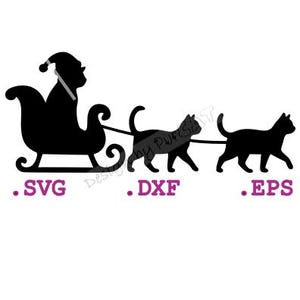 Könnte beinhalten: Schwarze Silhouette von Santa Claus' Schlitten, der von zwei Katzen gezogen wird. Das Bild enthält die Dateityp-Abkürzungen .SVG, .DXF und .EPS in lila Text unten.