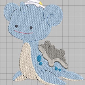 Könnte beinhalten: Gesticktes Design einer hellblauen Cartoon-Kreatur mit großen Ohren, einem grauen Panzer und einem weißen und gelben Hut. Die Kreatur hat einen lächelnden roten Mund und schwarze Augen. Das Design befindet sich auf einem Rasterhintergrund.