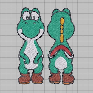 Könnte beinhalten: Gesticktes Design mit einer grünen, cartoonartigen, dinosaurierähnlichen Figur, die von vorne und hinten gezeigt wird. Die Figur hat einen weißen Bauch, braune Stiefel und einen roten Sattel. Das Design befindet sich auf einem grauen Gitterhintergrund.