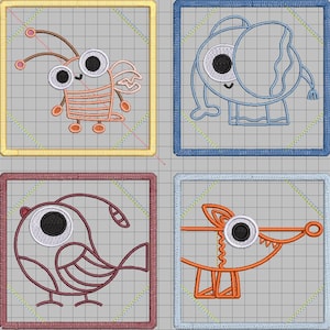 Könnte beinhalten: Vier gestickte Aufnäher mit skurrilen Cartoon-Kreaturen. Die Designs umfassen eine Krabbe, einen Elefanten, einen Vogel und einen Fuchs, jeweils mit großen Augen und in verschiedenen Farben umrandet. Die Aufnäher sind quadratisch mit einem gestickten Rand.