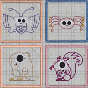 Może przedstawiać: Cztery haftowane kwadraty z postaciami z kreskówek: motyl z fioletowymi skrzydłami, różowy pająk, brązowy bóbr i fioletowa wiewiórka. Każdy wzór jest obrysowany innym kolorem i umieszczony na tle kratki.