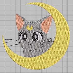 May include: Embroidered design of a gray cat with pink ears and large eyes, set against a yellow crescent moon. A small yellow crescent moon is on the cat's forehead. The design is on a gray grid background.